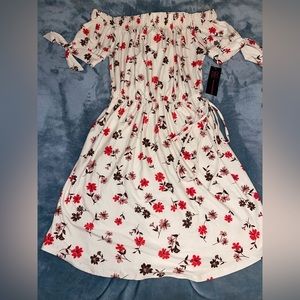 Off-Shoulder Beige Floral Dress